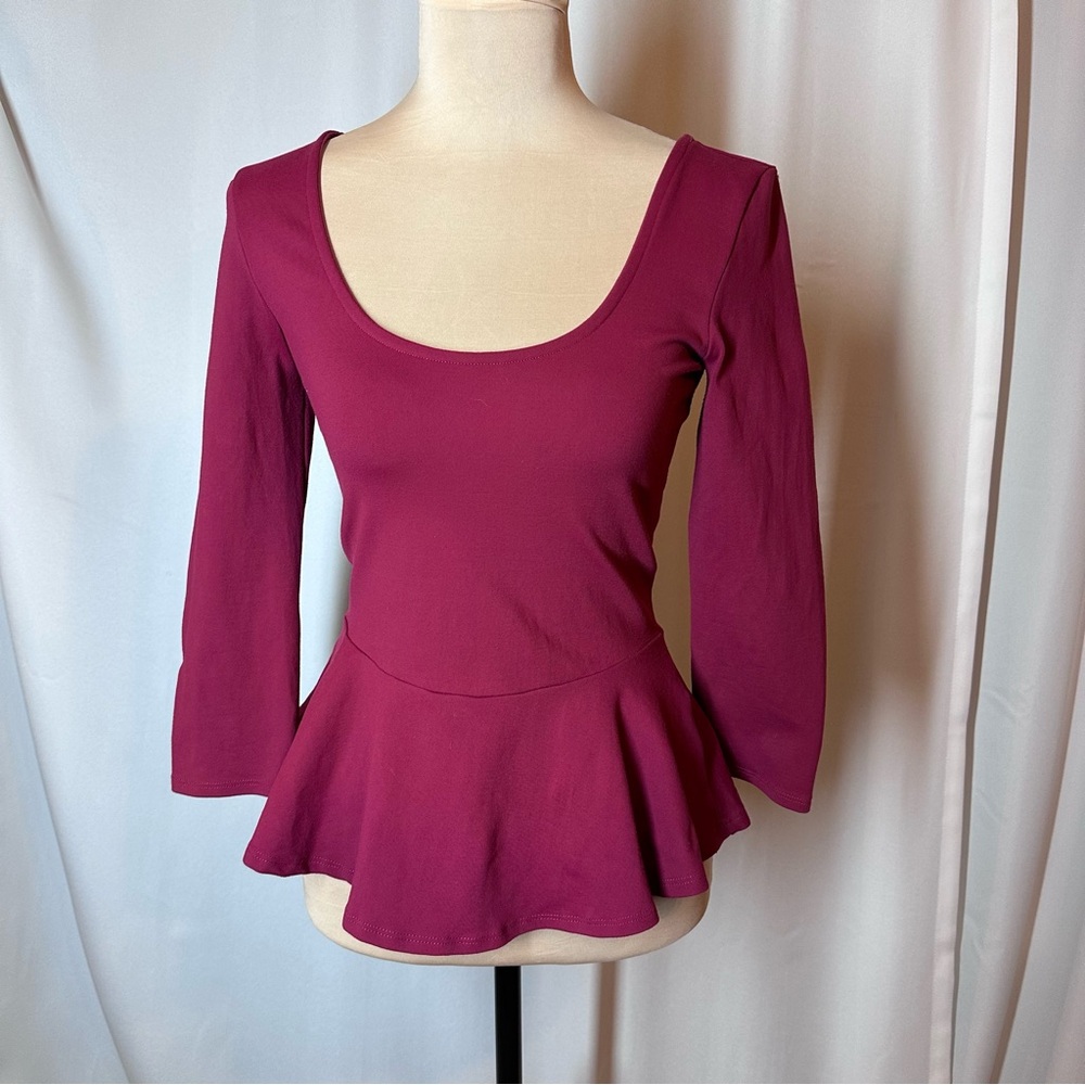 Vintage Bebe Peplum Top Sz M Wine Red Blouse Stretch Coquette Fairy‎ Y2K Retro